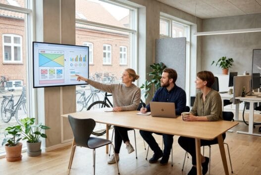 Moderne webbureau i Simested med dansk team, der arbejder ved computere med digitale løsninger