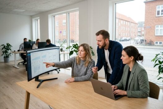 Moderne webbureau i Simmelkaer med dansk team, der arbejder ved computer i lyst kontormiljo
