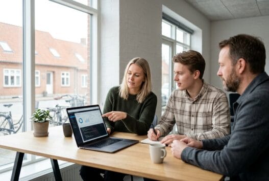 Dansk webbureau i Sindal med team ved computer og dashboards i moderne kontormiljø