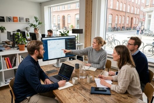 Webbureau i Sjelle med team ved computer i moderne kontor med dashboards og naturligt lys