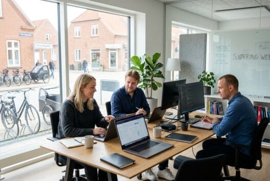 Dansk webbureau i Sjørring med team, der arbejder med digital strategi og webdesign i moderne kontor
