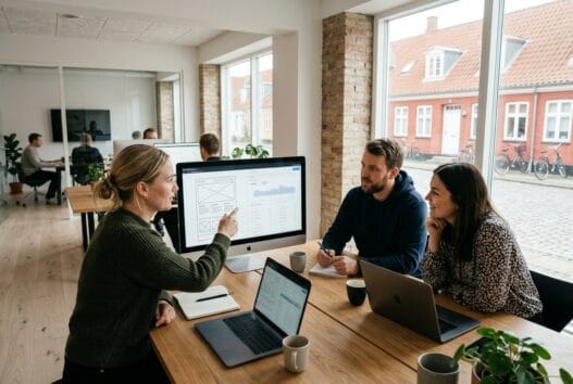 Moderne webbureau i Sjørup med dansk team ved computer og digitale dashboards
