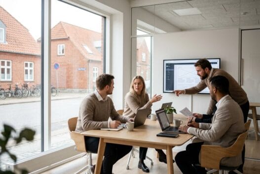 Moderne webbureau i Skårup med dansk team foran skærme og digitale dashboards