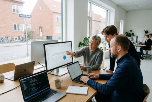 Moderne webbureau i skads med danske medarbejdere foran computer og dashboards