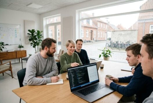 Skandinavisk webbureau i Skælskør med team ved computere og digitale dashboards