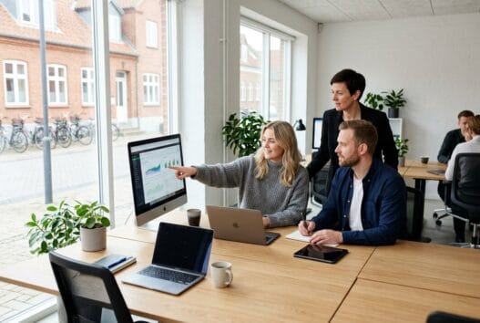 Dansk webbureau i Skærbæk (6780) med team ved computerskærme og digitale dashboards