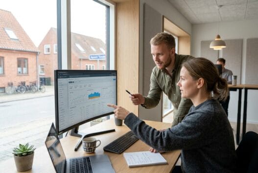 Moderne webbureau i skærup med dansk team, der arbejder ved computere i et lyst kontormiljø