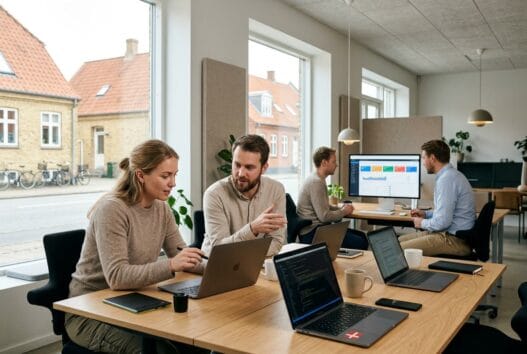 Moderne webbureau i Skævinge med danske medarbejdere, der arbejder ved computere i et lyst kontormiljø