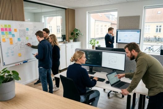 Moderne dansk webbureau i skalbjerg med team foran skærme og digitale dashboards