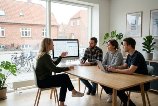 Moderne webbureau i Skamby med team, der arbejder ved computer i lyst kontormiljø