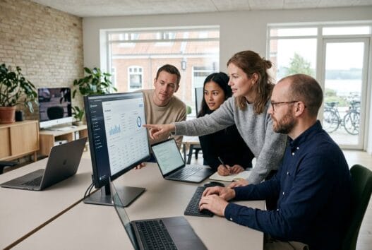 Moderne webbureau i Skanderborg med danske medarbejdere foran skærme og digitale dashboards