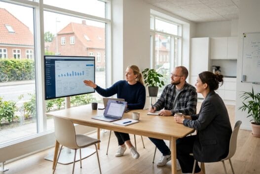 Moderne webbureau i Skanderup med dansk team foran skærme og digitale dashboards