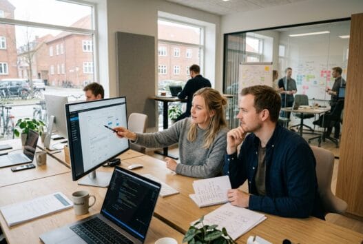 Moderne webbureau i Skarrild med dansk team ved computer og digitale dashboards