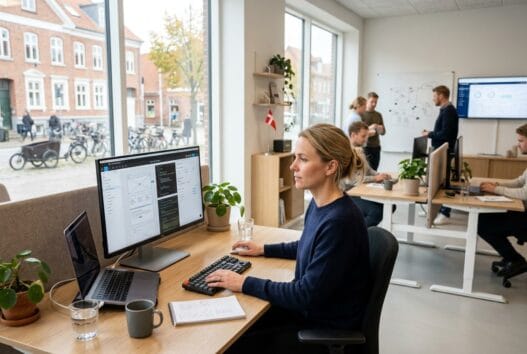 Skandinavisk team arbejder med webdesign og SEO på kontor i skave