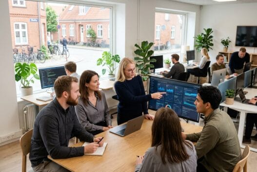 Dansk webbureau i Skelby med team ved computer og digitale dashboards i moderne kontor