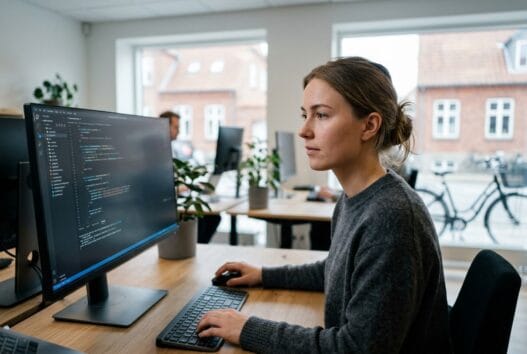 Dansk webbureau i skelde med team ved computer, der arbejder med digital markedsføring