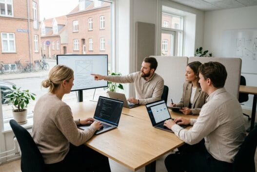 Moderne kontor med dansk webbureau i Skelhøje, hvor et team arbejder med digitale løsninger og dashboards