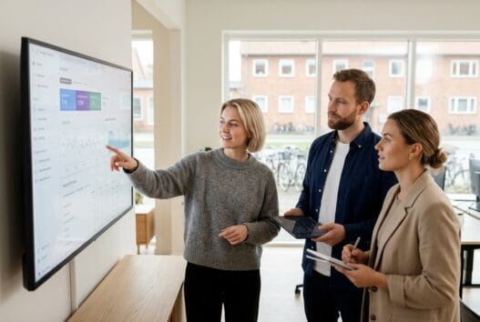 Moderne webbureau i Skellebjerg med skandinavisk team, der arbejder ved computere og digitale dashboards