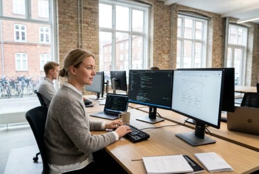Dansk webbureau i Skelund med team ved computere, der arbejder med design, SEO og digitale løsninger