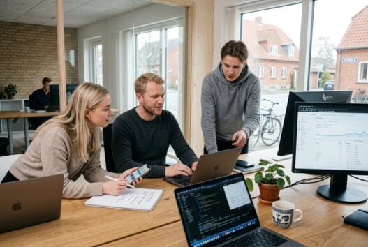 Dansk webbureau i skibbild med team ved computer og digitale dashboards