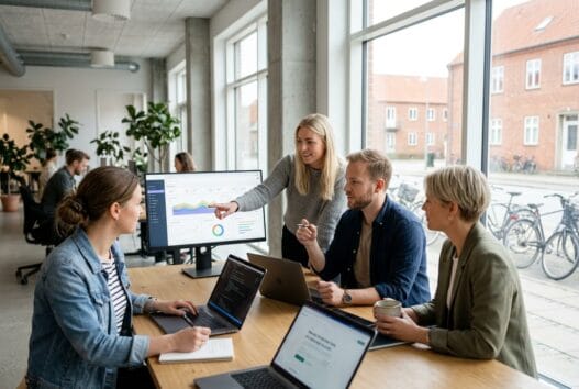Skandinavisk webbureau i Skibby med team ved computer og digitale dashboards