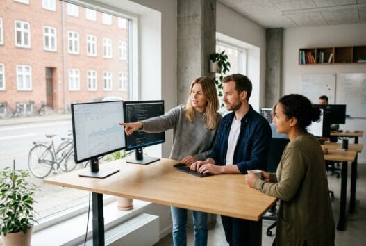 Moderne webbureau i Skibet med dansk team, der arbejder med digitale løsninger ved computere