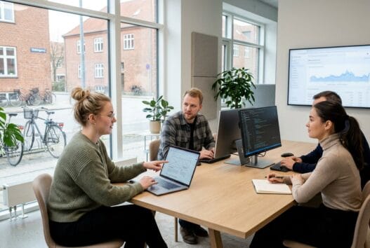 Moderne webbureau i skibinge med danske kolleger foran skærme og digitale dashboards