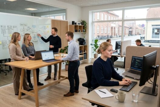 Dansk webbureau i Skjern med team foran skærme og digitale dashboards i moderne kontor