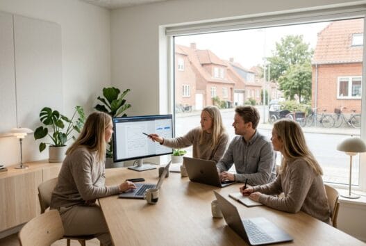 Moderne webbureau i Skjod med dansk team foran dashboards og computerarbejde