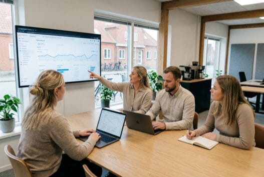Dansk webbureau i Skjørring med team ved computer og digitale dashboards