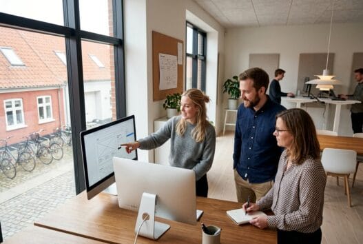 Skandinavisk webbureau i skodborg med team ved computer og digitale dashboards