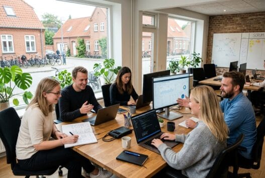 Skandinavisk webbureau i Skodsbøl med team foran dashboards og computerskærme i et lyst moderne kontor