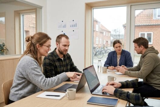 Skandinavisk webbureau i Skørping med team ved computere og digitale dashboards