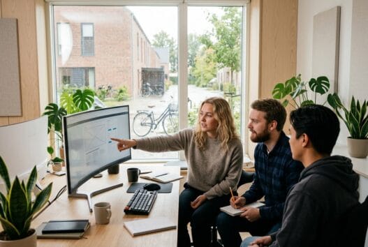 Dansk webbureau i skovby (8464) med team ved computere og digitale dashboards i moderne kontor