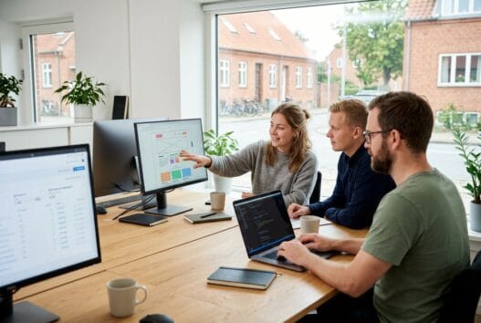 Moderne webbureau i Skovlund med dansk team ved computer og dashboards