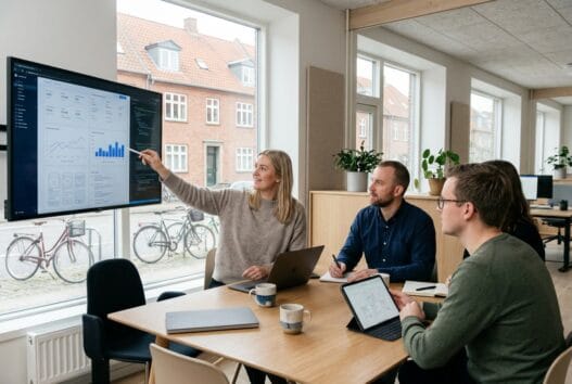 Dansk webbureau i Skrækkenborg med team ved computer og dashboards i et lyst moderne kontor