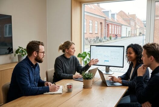Realistisk dansk webbureau i skuderløse med team ved computer og digitale dashboards