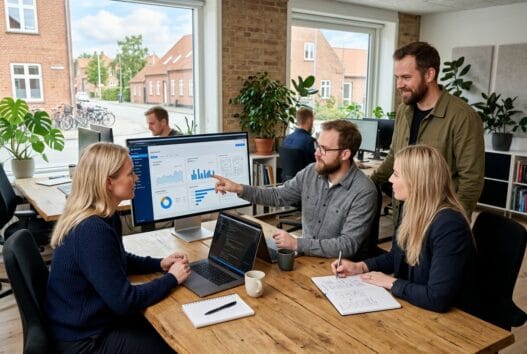 Skandinavisk webteam arbejder med design og data på kontor i skuldelev