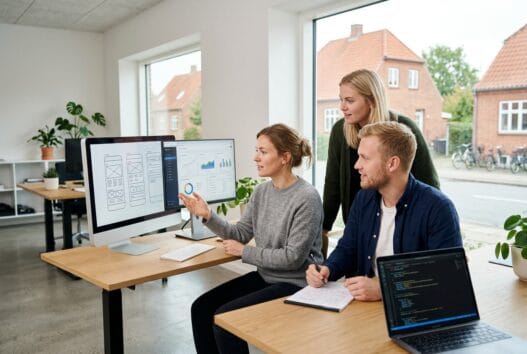 Moderne webbureau i Slangerup med danske medarbejdere foran skærme og digitale dashboards