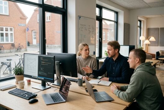 Skandinavisk team arbejder med webdesign og data på kontor i slimminge