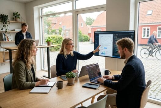 Moderne webbureau i slots bjergby med team, skærme og data i et lyst skandinavisk kontor
