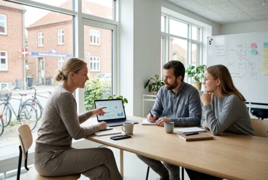 Realistisk kontorscene med danske medarbejdere, der arbejder med digital marketing i smidstrup (3250)