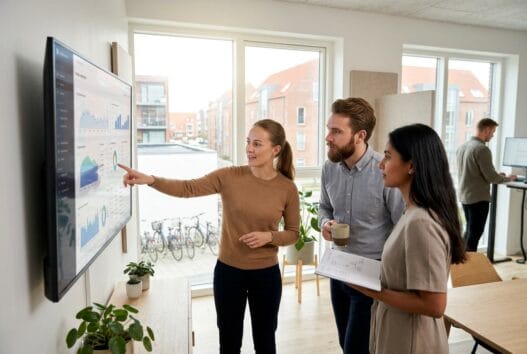 Dansk webbureau med team ved computer og dashboards i smidstrup (7000)