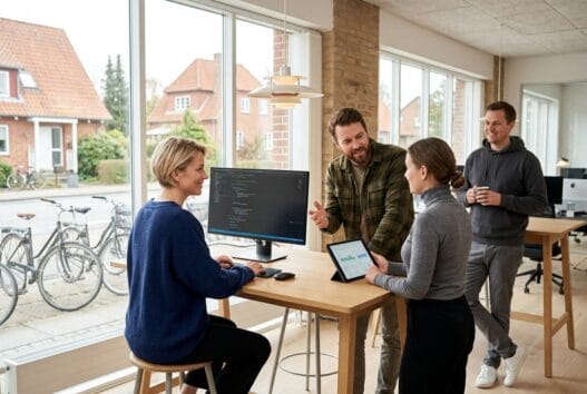 Dansk webbureau i Smørumnedre med team ved computer og digitale dashboards i moderne kontor