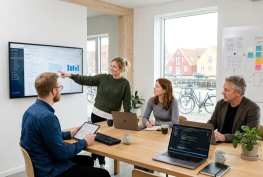 Moderne webbureau i Snaptun med skandinaviske medarbejdere ved computer og dashboards