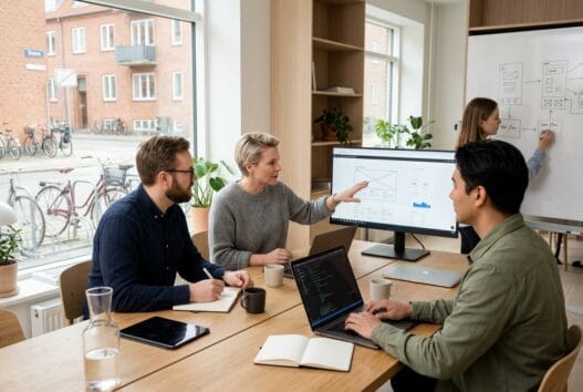 Moderne webbureau i Snave med danske medarbejdere ved computer og digitale dashboards