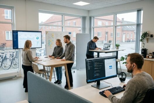 Skandinavisk webbureau i Snedsted med team ved computer og digitale dashboards
