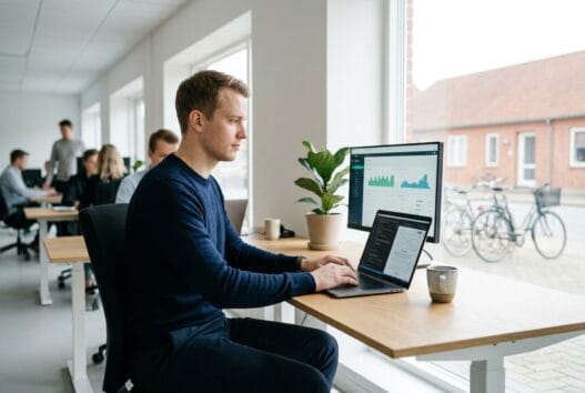 Dansk webbureau i Snertinge med team ved computer og digitale dashboards