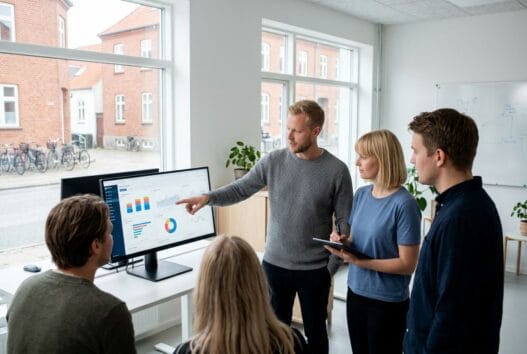 Skandinavisk team arbejder med webdesign og data på kontor i Snøde