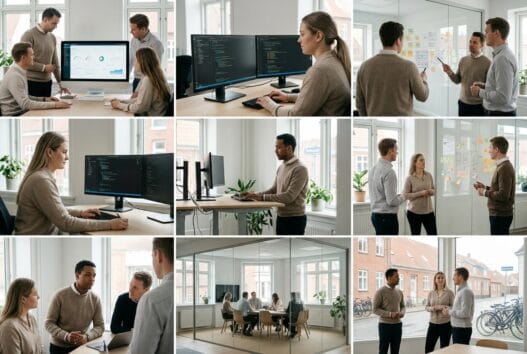 Moderne webbureau i snoldelev med dansk team ved computer og digitale dashboards